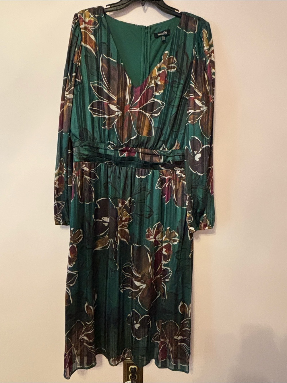 Kensie Green Floral Long Sleeve Satin Midi Dress Size 14